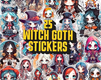Cute Goth Witch Sticker PNG Bundle Pack, Goth Stickers, Goth Pastel, Adorable Witch Bumper Sticker, Witch Sticker Set, Gothic Clipart Print