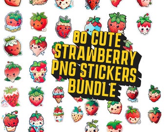 Cute Kawaii Strawberry stickers, Strawberry decal sheet, Strawberry clipart digital printable 80 PNG FILES, Cute Strawberry Decal