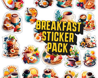 Tasty Breakfast Sticker Pack PNG, 20 Morning Meal Clipart Printable Bundle, Brunch Food Decals, Delightful Breakfast Decorative Stickers
