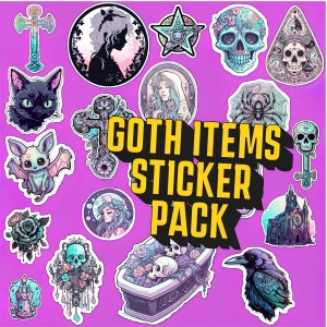 Peut inclure: Un pack de stickers avec une variété d'illustrations sur le thème gothique, y compris un crâne, une chauve-souris, une croix, un cercueil, une araignée, un pentagramme, une église et un corbeau. Les stickers sont tous sur un fond rose et ont un contour blanc. Le texte "Goth Items Sticker Pack" est en lettres jaunes sur un fond noir.