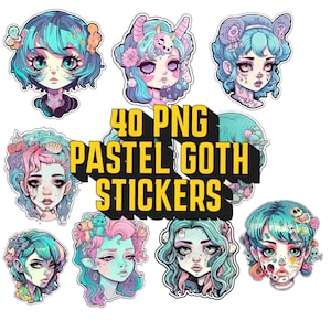 Cute Pastel Goth Stickers 40 PNG Bundle Pack, Goth Pastel Digital Clip Art, Spooky Clipart Stickers, Pastel Goth Gift For Her Clipart