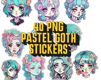 Cute Pastel Goth Stickers 40 PNG Bundle Pack, Goth Pastel Digital Clip Art, Spooky Clipart Stickers, Pastel Goth Gift For Her Clipart