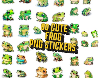 Cute Kawaii Frog Sticker, Frog stickers sheet, Frog stickers digital printable 80 PNG FILES, Frog decal for car, Cute Frog Clip Art
