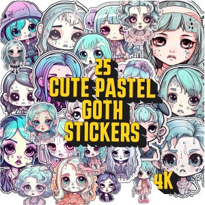 Cute Pastel Goth Stickers PNG Bundle Pack, Goth Pastel Digital Stickers, Spooky Clipart Stickers, Adorable Pastel Goth Gift For Her Stickers