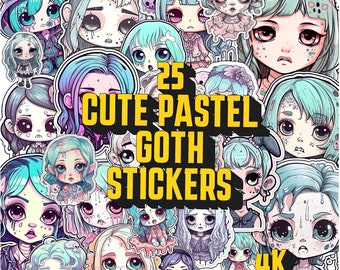Cute Pastel Goth Stickers PNG Bundle Pack, Goth Pastel Digital Stickers, Spooky Clipart Stickers, Adorable Pastel Goth Gift For Her Stickers