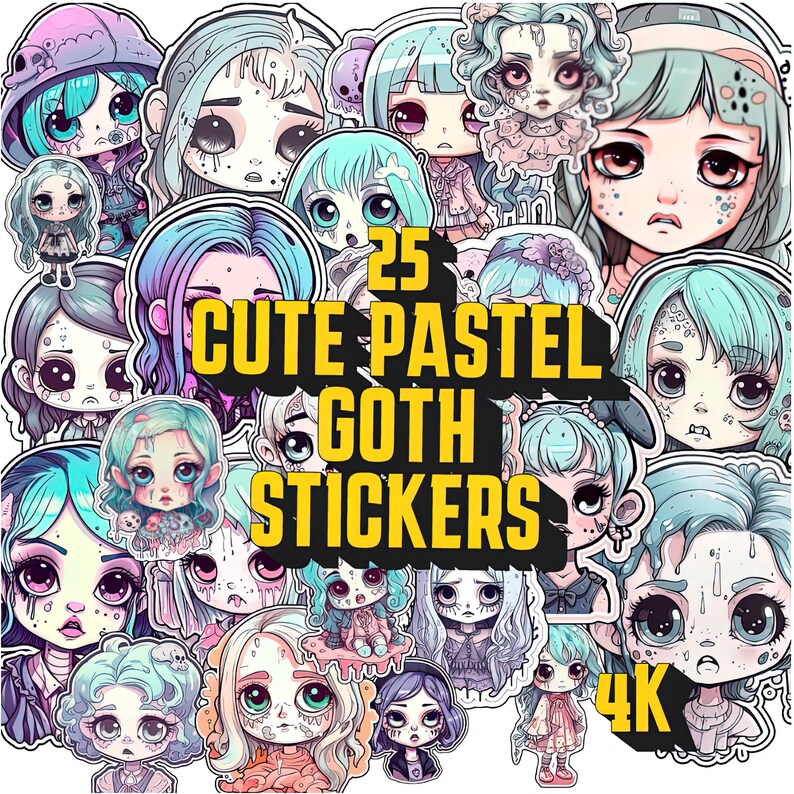 Cute Pastel Goth Stickers PNG Bundle Pack, Goth Pastel Digital Stickers, Spooky Clipart Stickers