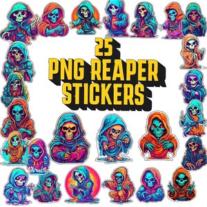 May include: 25 PNG Reaper Stickers featuring colorful cartoon Grim Reapers in various poses. The stickers are perfect for adding a spooky touch to your laptop, water bottle, or planner.