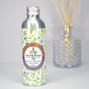 May include: A silver metal bottle with a white label that says "Bergamot & Verbena Reed Diffuser" and "Sarah Emily Handmade Candles, Cosmetics & Crafts". The bottle is 200ml and is handmade in Ardnamurchan, Scottish Highlands.