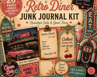 May include: A vintage-themed junk journal kit with various retro diner elements. The design includes a pink classic car, a diner sign, a milkshake, and a jukebox. The kit features the text "Retro Diner" and "Junk Journal Kit".