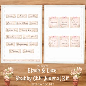 May include: A digital journal kit featuring two pages of printable labels and cards with floral accents and inspirational text. The labels include words like Journal, Cherish, and Thankful, while the cards feature phrases like She believed she could, so she did.
