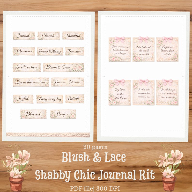 May include: A digital journal kit featuring two pages of printable labels and cards with floral accents and inspirational text. The labels include words like Journal, Cherish, and Thankful, while the cards feature phrases like She believed she could, so she did.