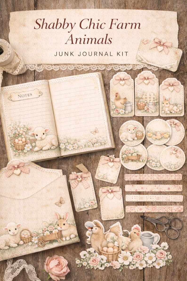 Shabby Chic Farmhouse Animals Junk Journal Kit, Vintage Farm Ephemera ...