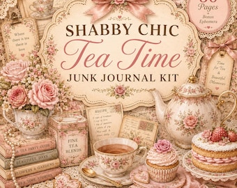 May include: A junk journal kit featuring a tea-themed design with a teapot, teacup, cupcake, and cake. The text reads: SHABBY CHIC Tea Time JUNK JOURNAL KIT, 30 Pages + Bonus Ephemera, Fine Tea Blends, and Vintage Tea Party Floral Ephemera.
