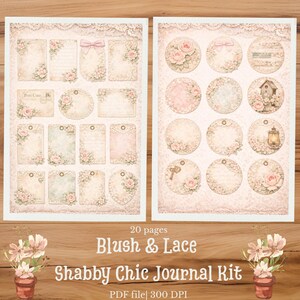 May include: A digital journal kit featuring two pages of printable ephemera with blush pink floral motifs, lace borders, and tags. The set includes rectangular and circular labels, postcards, and decorative elements with a soft, vintage aesthetic.