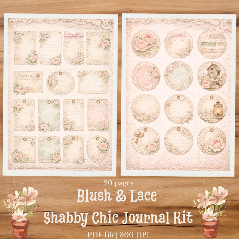 May include: A digital journal kit featuring two pages of printable ephemera with blush pink floral motifs, lace borders, and tags. The set includes rectangular and circular labels, postcards, and decorative elements with a soft, vintage aesthetic.