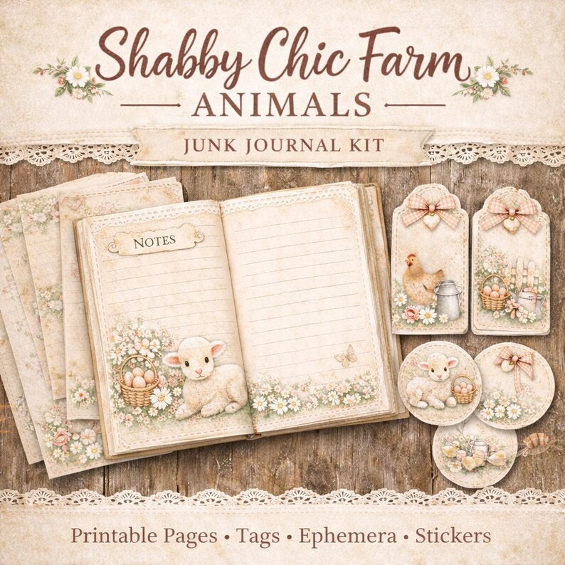 Shabby Chic Farmhouse Animals Junk Journal Kit, Vintage Farm Ephemera ...