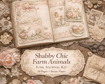 Shabby Chic Boerderijdieren Junk Journal Kit, vintage afdrukbare pagina's van de boerderij E