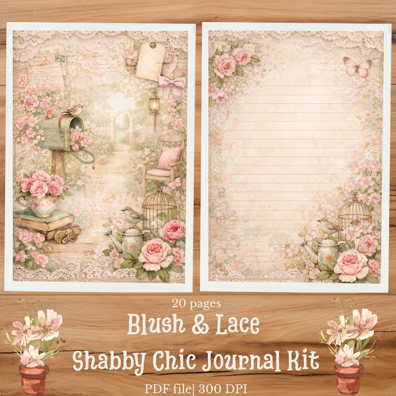 May include: Two rectangular journal pages featuring a blush and lace theme with soft pink roses, vintage birdcages, a mailbox, a chair, and a watering can. The right page includes horizontal lines for writing, while both pages have lace borders.