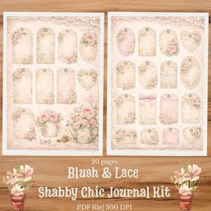 May include: Two digital sheets featuring various rectangular, oval, and heart-shaped tags decorated with blush pink roses, lace patterns, and floral arrangements. One sheet includes a watering can illustration. Text reads 20 pages Blush & Lace Shabby Chic Journal Kit PDF file 300 DPI.