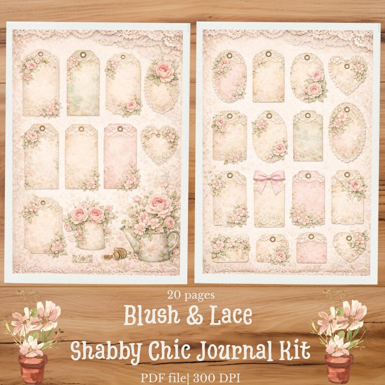 May include: Two digital sheets featuring various rectangular, oval, and heart-shaped tags decorated with blush pink roses, lace patterns, and floral arrangements. One sheet includes a watering can illustration. Text reads 20 pages Blush & Lace Shabby Chic Journal Kit PDF file 300 DPI.