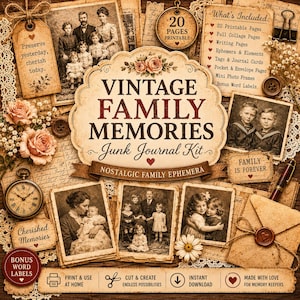 Könnte beinhalten: Ein Vintage-Junk-Journal-Kit mit dem Text "Vintage Family Memories". Das Kit enthält bedruckbare Seiten, Ephemera, Tags und Fotorahmen. Das Design zeigt sepiafarbene Familienfotos, florale Akzente und dekorative Etiketten. Der Text "Family is Forever" ist ebenfalls sichtbar.