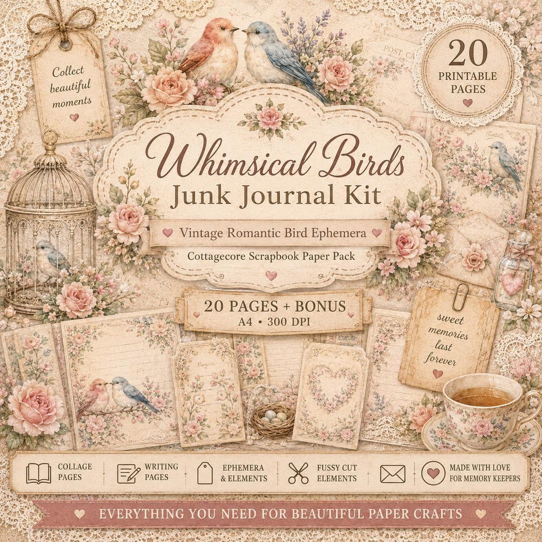 Cottagecore Birds Junk Journal Kit, Vintage Bird Ephemera Printable ...