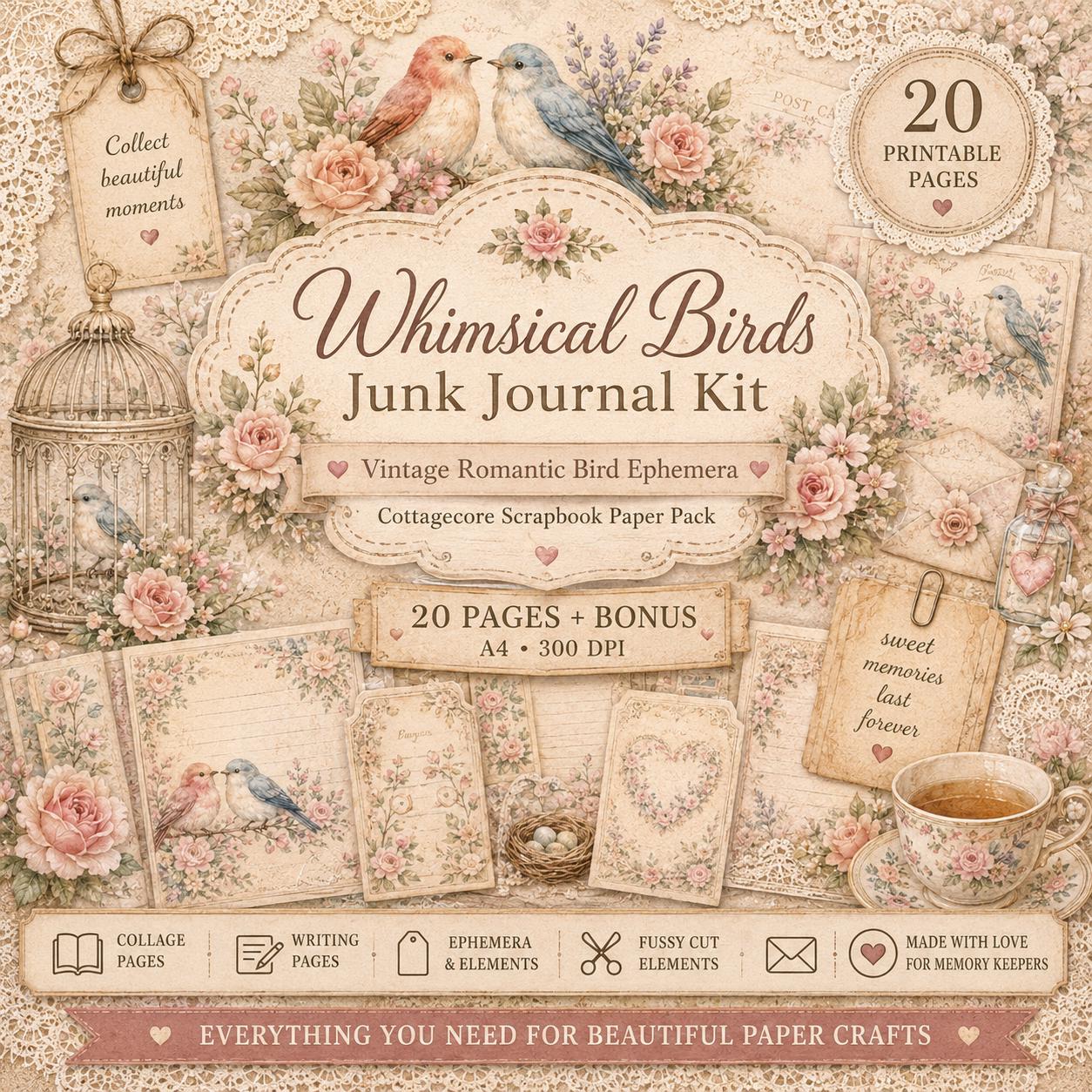 Cottagecore Birds Junk Journal Kit, Vintage Bird Ephemera Printable ...