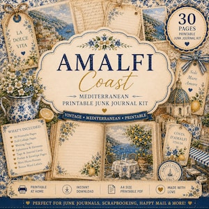 Può includere: Un kit di diario spazzatura stampabile a tema Costiera Amalfitana. Il design presenta una combinazione di colori blu e bianco con accenti floreali e limone. Include 30 pagine stampabili, tag ed elementi effimeri. Il testo recita "Amalfi Coast".