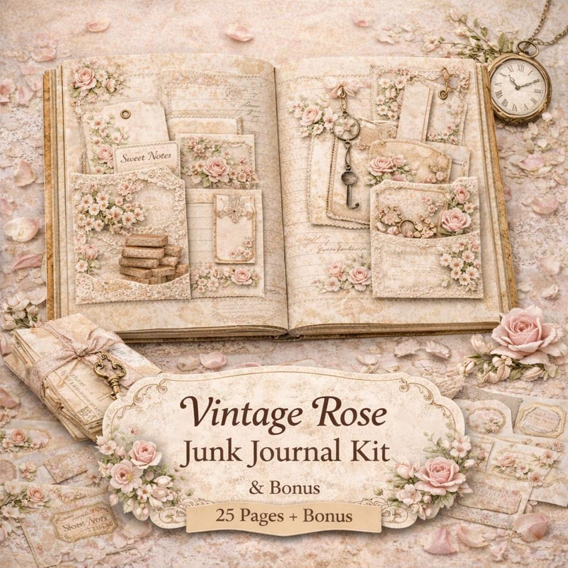 Vintage Rose Junk Journal Kit – Printable Ephemera, Floral Cards, Tags ...