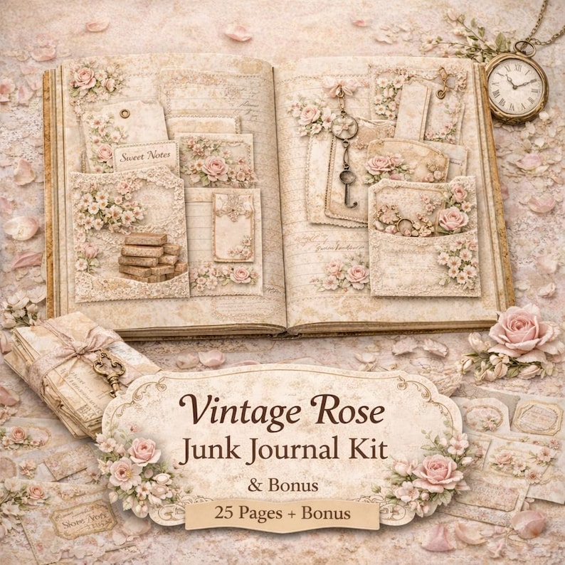 Vintage Rose Junk Journal Kit – Printable Ephemera, Floral Cards, Tags ...