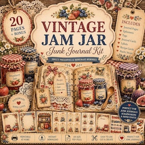 以下が含まれることがあります： 「Vintage Jam Jar」のテキストが入った、ヴィンテージをテーマにしたジャンクジャーナルキット。ジャーナルページ、タグ、レシピカードが含まれています。イチゴ、ブルーベリー、イチジクのジャムの瓶が装飾要素とともに表示されています。