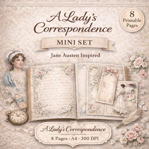 Può includere: Un set di cancelleria stampabile in stile vintage intitolato "A Lady's Correspondence". Il design presenta accenti floreali, scritte e illustrazioni ispirate a Jane Austen. Include 8 pagine stampabili, formato A4.