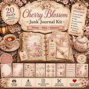 Op de afbeelding: Een vintage "Cherry Blossom" junk journal kit met 20 pagina's, inclusief journaalpagina's, ephemera, tags en stickers. De kit heeft een bloemenontwerp met een kopje thee, een theepot en een open journaal. De tekst bevat "Printable at Home" en "Instant Download".