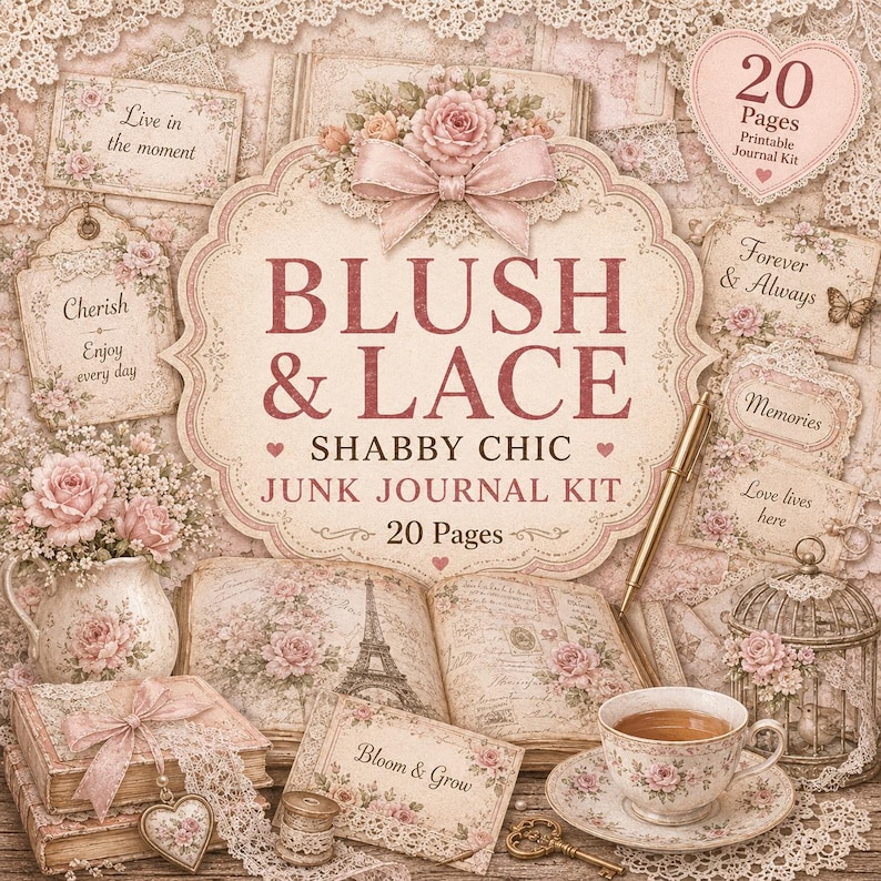 May include: A printable junk journal kit titled Blush & Lace featuring 20 pages of vintage-style ephemera, including floral tags, a teacup, a birdcage, and an open book with an Eiffel Tower illustration, all decorated with pink roses and lace.