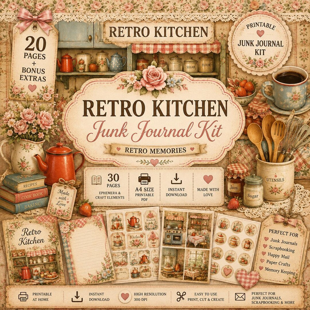 Retro Kitchen Junk Journal Kit | Vintage Ephemera, Printable Pages (PDF ...
