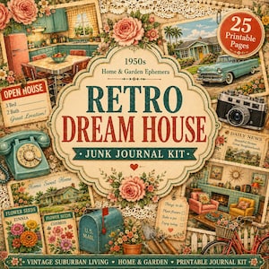 May include: A 1950s retro dream house junk journal kit featuring 25 printable pages. The collection includes vintage illustrations of a teal telephone, a turquoise car, a camera, a mailbox, flower seed packets, and suburban home scenes.