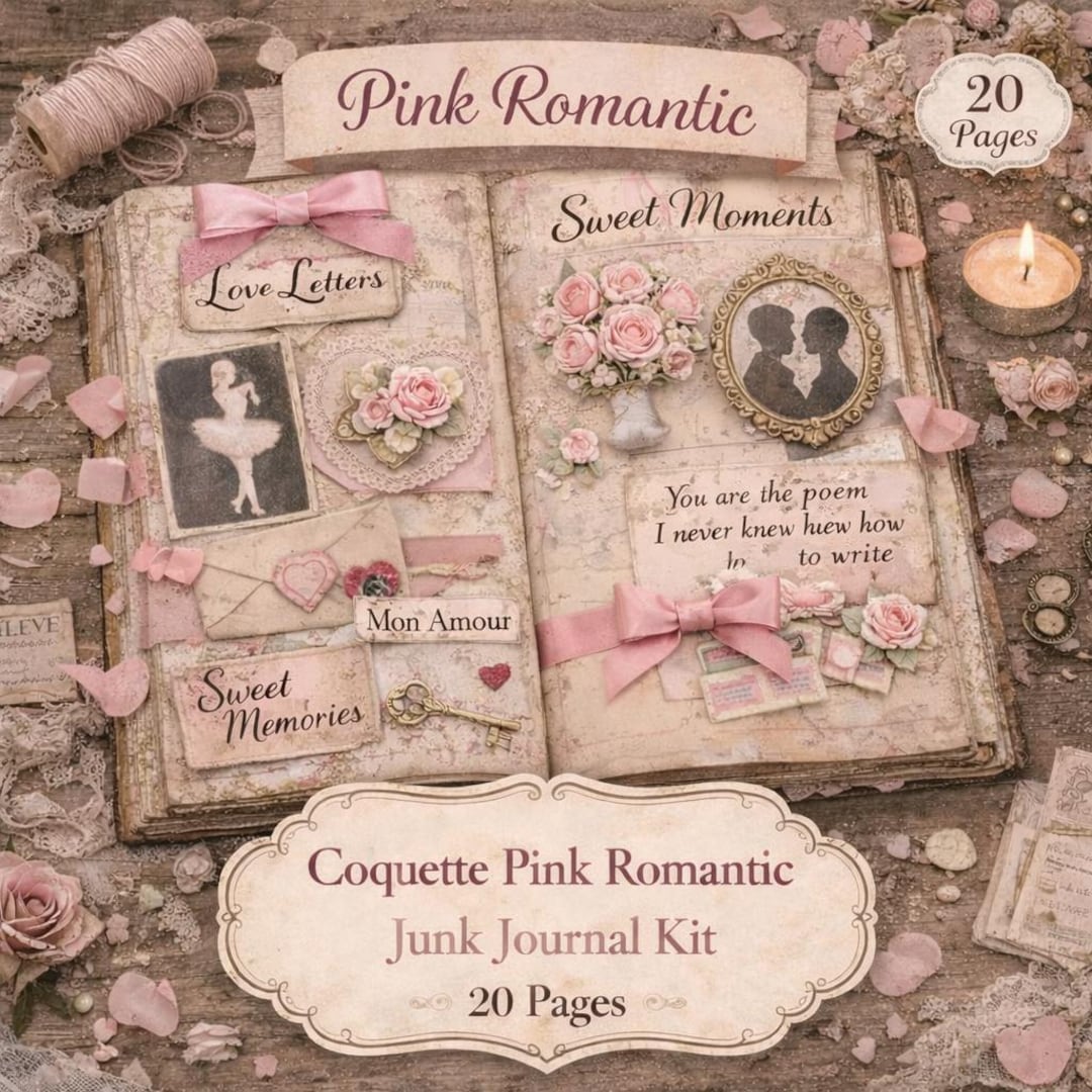 Pink Romantic Junk Journal Kit | Vintage Lace & Roses (PDF + JPG, 20 ...