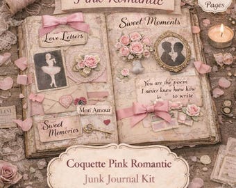 Pink Romantic Junk Journal Kit | Vintage Lace & Roses (PDF + JPG, 20 Pages)