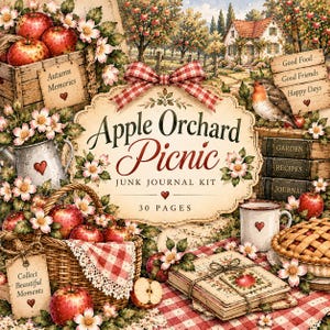 Puede incluir: Un kit de diario creativo Apple Orchard Picnic de 30 páginas, ilustrado con manzanas rojas, una cesta de mimbre, un petirrojo, un pastel y flores. El texto incluye Apple Orchard Picnic, Autumn Memories, Good Food, Good Friends, Happy Days y Collect Beautiful Moments.