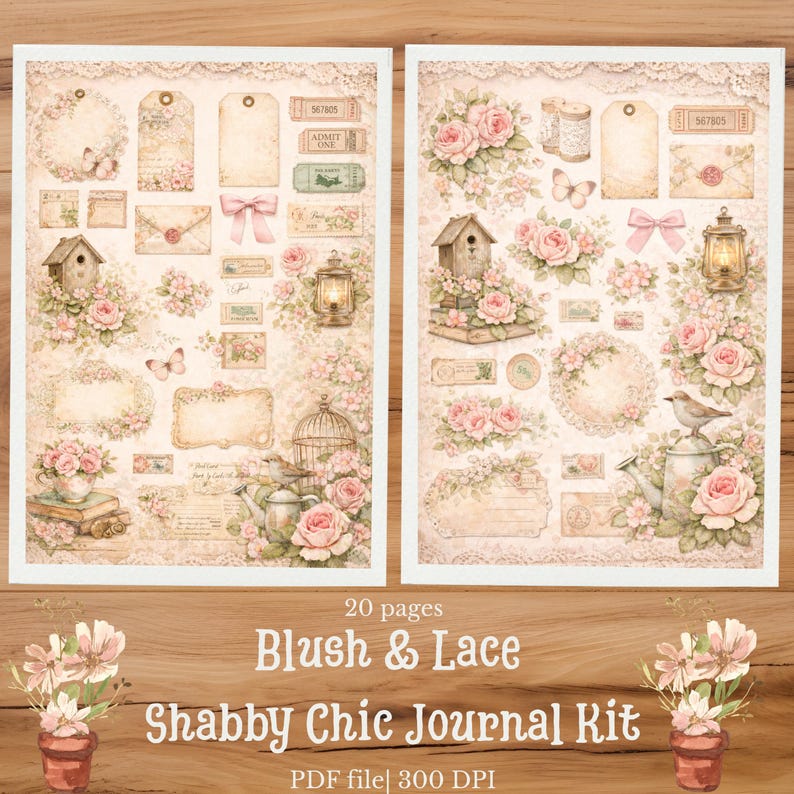 May include: A digital journal kit featuring two pages of blush and lace themed ephemera, including illustrations of roses, birdhouses, lanterns, butterflies, envelopes, tags, and tickets in soft pink, cream, and beige tones on a textured background.