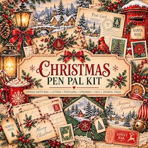 Może przedstawiać: Zestaw świąteczny do korespondencji zawierający papeterię, koperty i pocztówki w stylu vintage. Centralny napis głosi "CHRISTMAS PEN PAL KIT", a poniżej znajduje się tekst "VINTAGE HAPPY MAIL, LETTERS, POSTCARDS, EPHEMERA, TAGS, JOURNAL PAGES."