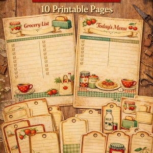 May include: A vintage-style mini ephemera set with 10 printable pages. The set includes grocery lists, menu templates, tags, labels, recipe cards, and planner pages. The design features retro kitchen illustrations with strawberries, cherries, and other kitchen-themed graphics.