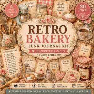 Zestaw do dziennika „Retro Bakery Junk Journal”, Vintage Cottagecore Ephemera (do pobrania w formacie cyfrowym A4 PDF/JPG), 20 stron