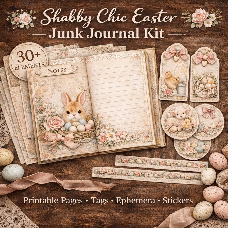 Shabby Chic Easter Junk Journal Kit | Vintage Bunnies, Pastel Ephemera ...
