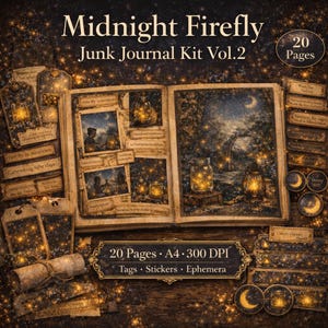 May include: A junk journal kit titled "Midnight Firefly Vol. 2" with 20 pages, tags, stickers, and ephemera. The open journal displays illustrations of fireflies in jars. The kit includes decorative elements with a celestial theme, including crescent moons and stars.