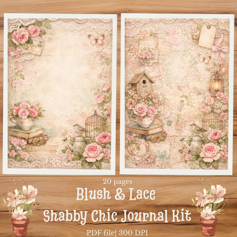 May include: Two rectangular digital journal pages featuring a soft blush and cream color palette with lace borders, pink roses, butterflies, birdcages, books, and a birdhouse. The text reads 20 pages Blush & Lace Shabby Chic Journal Kit PDF file 300 DPI.