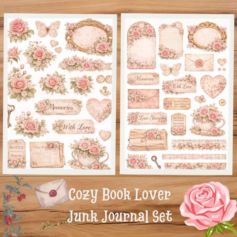 Vintage Rose Junk Journal Kit – Printable Ephemera, Floral Cards, Tags ...