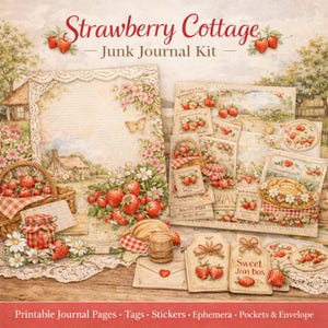 May include: A junk journal kit titled "Strawberry Cottage" with various printable journal pages, tags, stickers, ephemera, pockets, and an envelope. The kit features a strawberry theme with illustrations of strawberries, baskets, and cottage scenes. The color palette includes red, pink, and cream.