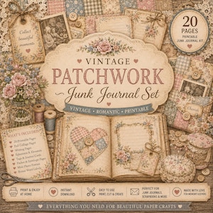 May include: A vintage-themed junk journal kit with a patchwork design. The kit includes printable pages, tags, and ephemera. The cover features the text "Vintage Patchwork Junk Journal Set" with floral and heart accents. The kit is designed for scrapbooks and memory keeping.