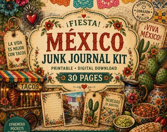 May include: A digital junk journal kit featuring a Mexican fiesta theme with 30 pages. The design includes colorful papel picado banners, cacti, a taco stand, floral patterns, and text reading ¡FIESTA! MÉXICO JUNK JOURNAL KIT, 30 PAGES, and more.